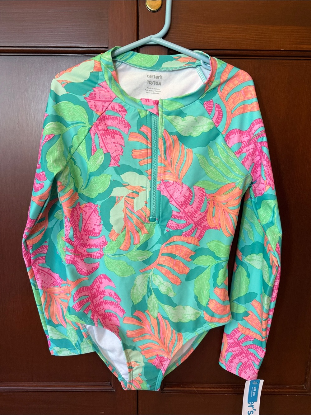 Carter's Turquoise One-Piece Long-Sleeve Swim Suit with Pink & Coral Leaf Print
